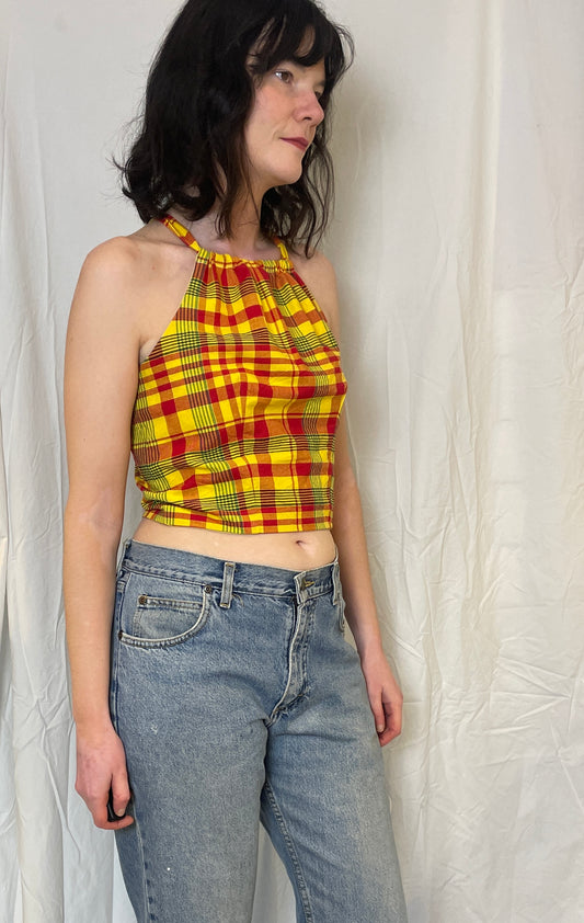 Sally Handmade Yellow Checked Lace Up Tie Back Crop Top - Up To Size 10