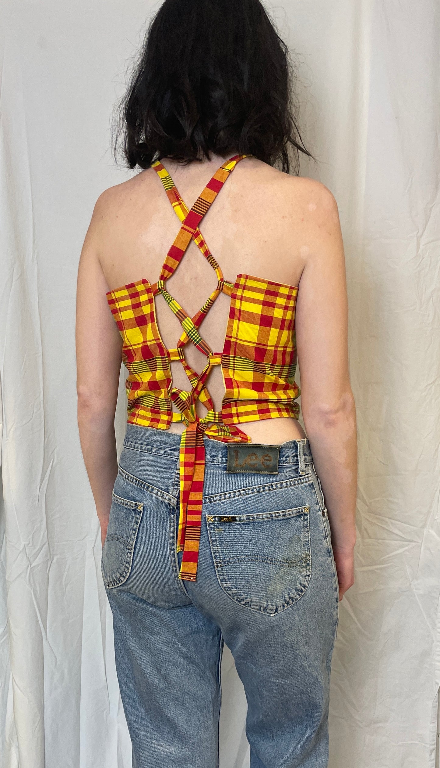 Sally Handmade Yellow Checked Lace Up Tie Back Crop Top - Up To Size 10