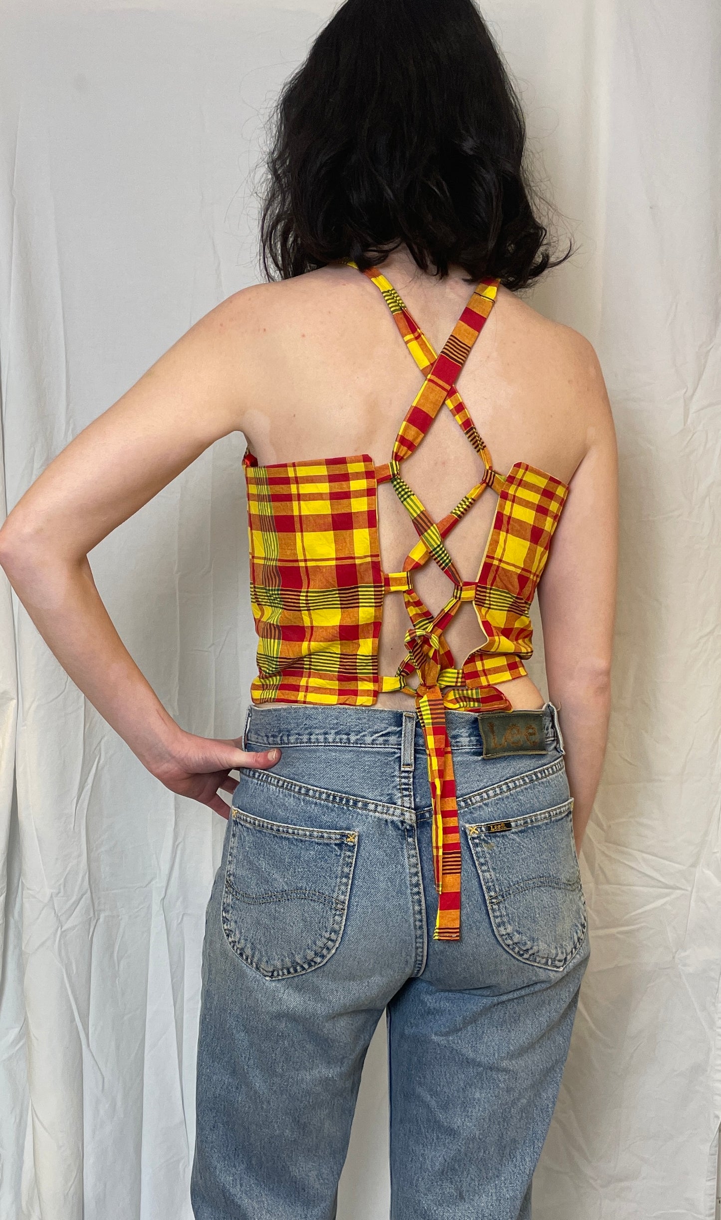 Sally Handmade Yellow Checked Lace Up Tie Back Crop Top - Up To Size 10