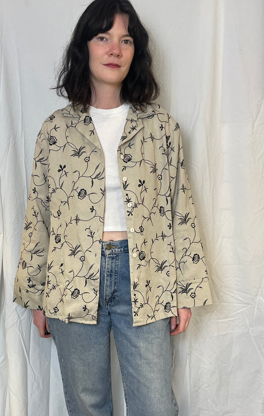 Vintage 90s Beige and Black Floral Embroidered Linen Jacket - Up To Size 14