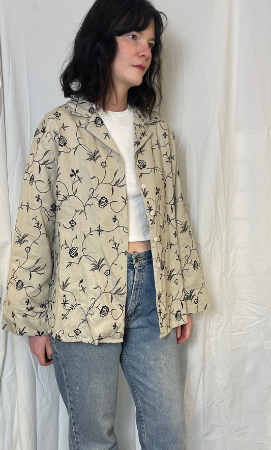 Vintage 90s Beige and Black Floral Embroidered Linen Jacket - Up To Size 14