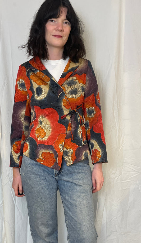 Vintage 80s Orange Floral Silk Tie Waist Jacket - Up To Size 10