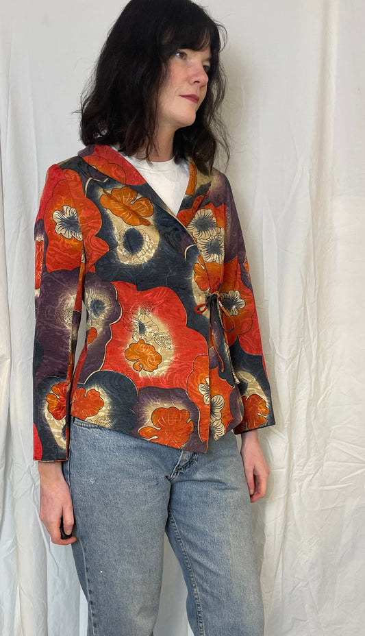 Vintage 80s Orange Floral Silk Tie Waist Jacket - Up To Size 10