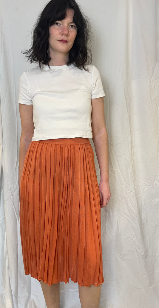Vintage 80s Coral Pink Pleated Knitted Midi Skirt - Up To Size 12