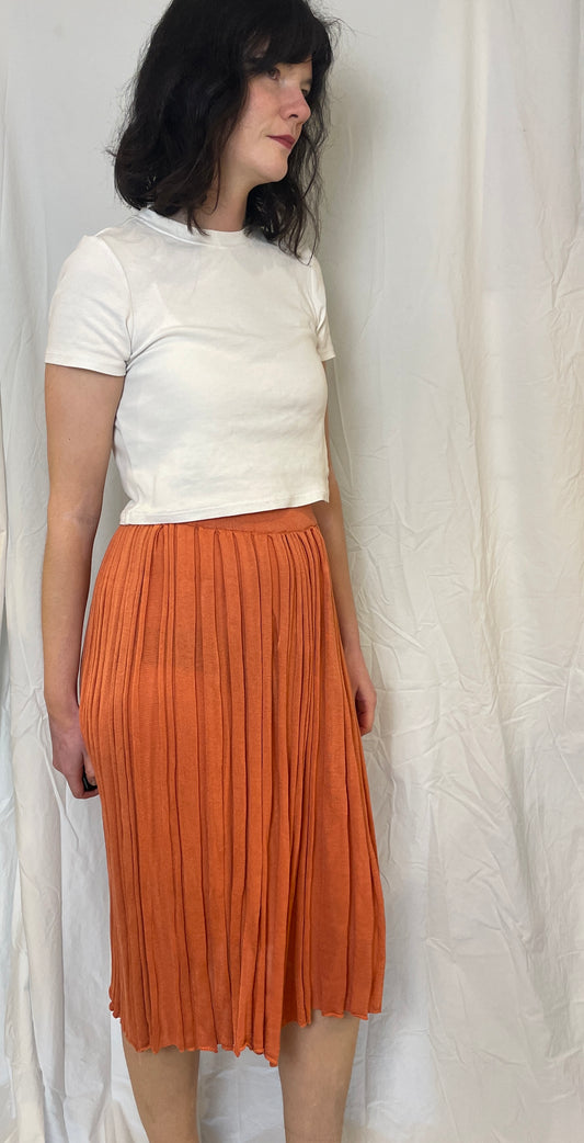 Vintage 80s Coral Pink Pleated Knitted Midi Skirt - Up To Size 12