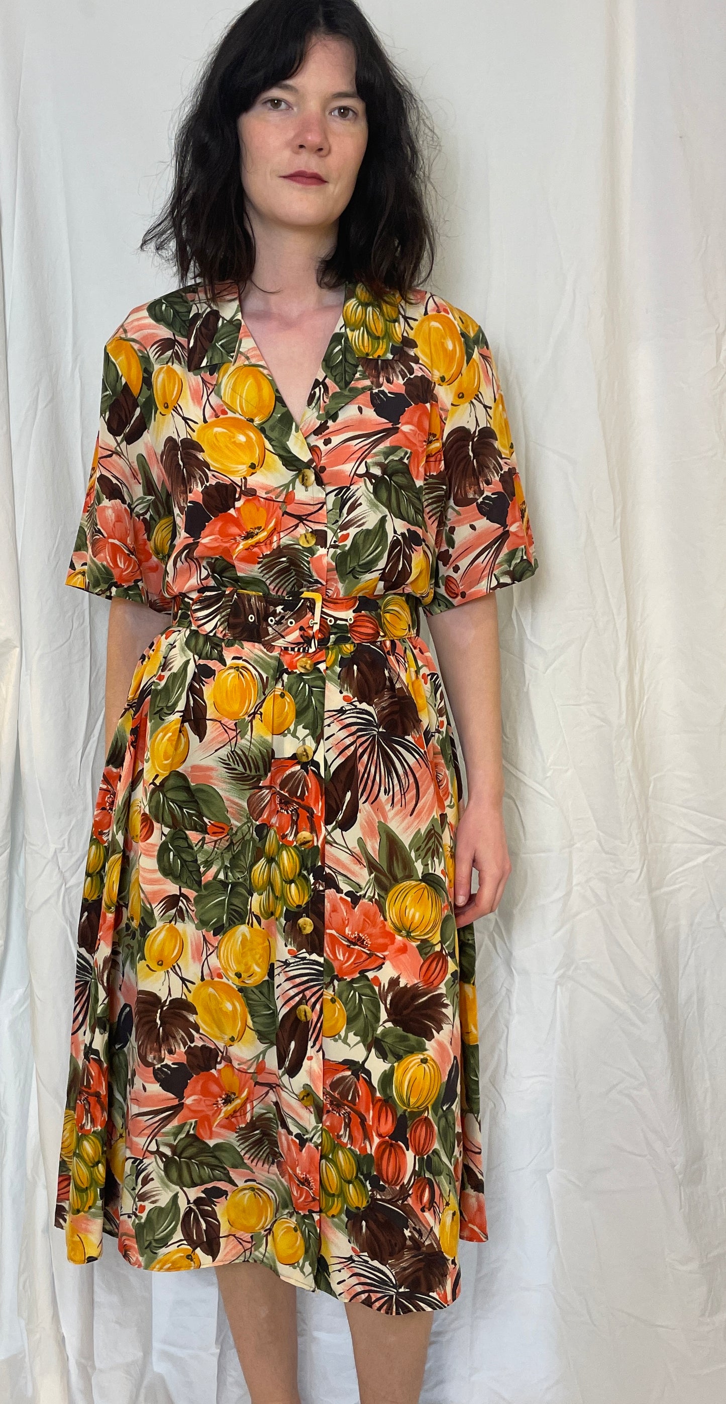 Vintage 80s Pink Tropical Print Belted Maxi Dress - Up To Size 12
