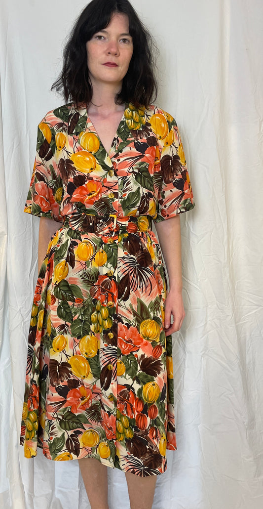 Vintage 80s Pink Tropical Print Belted Maxi Dress - Up To Size 12