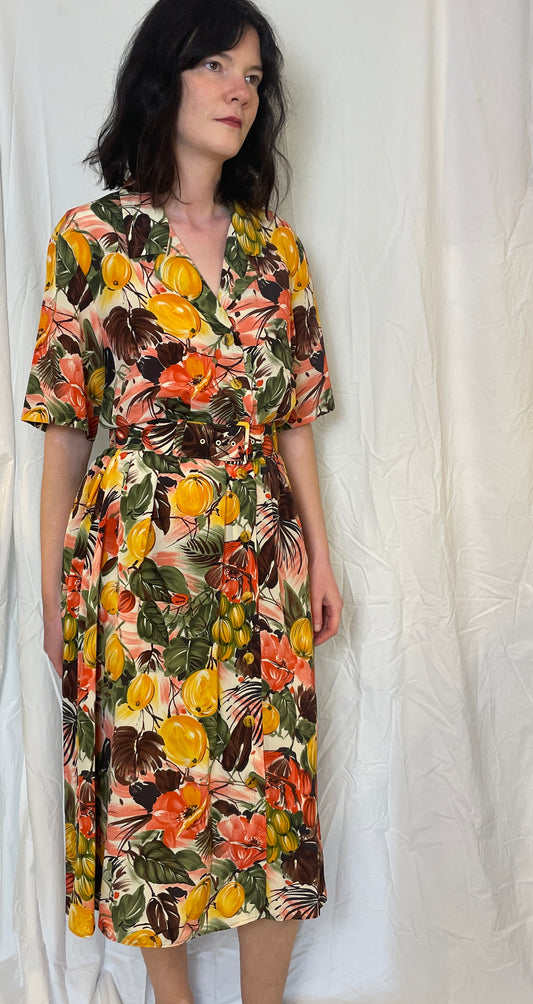 Vintage 80s Pink Tropical Print Belted Maxi Dress - Up To Size 12