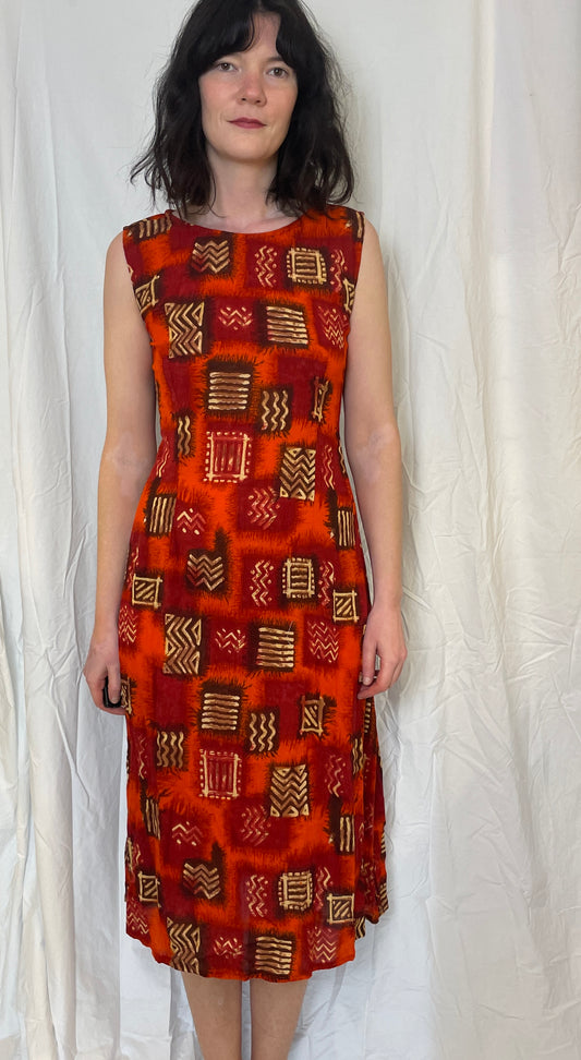 Vintage 90s Orange Printed Tie Waist Sleeveless Maxi Dress - Up To Size 12