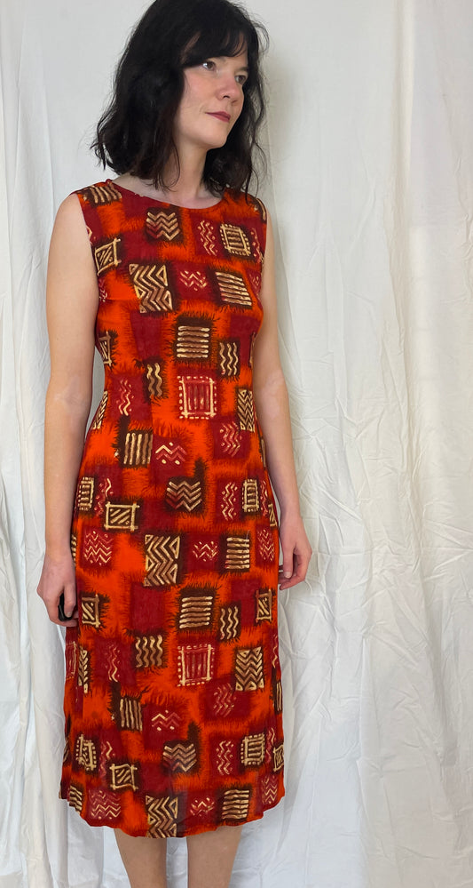 Vintage 90s Orange Printed Tie Waist Sleeveless Maxi Dress - Up To Size 12