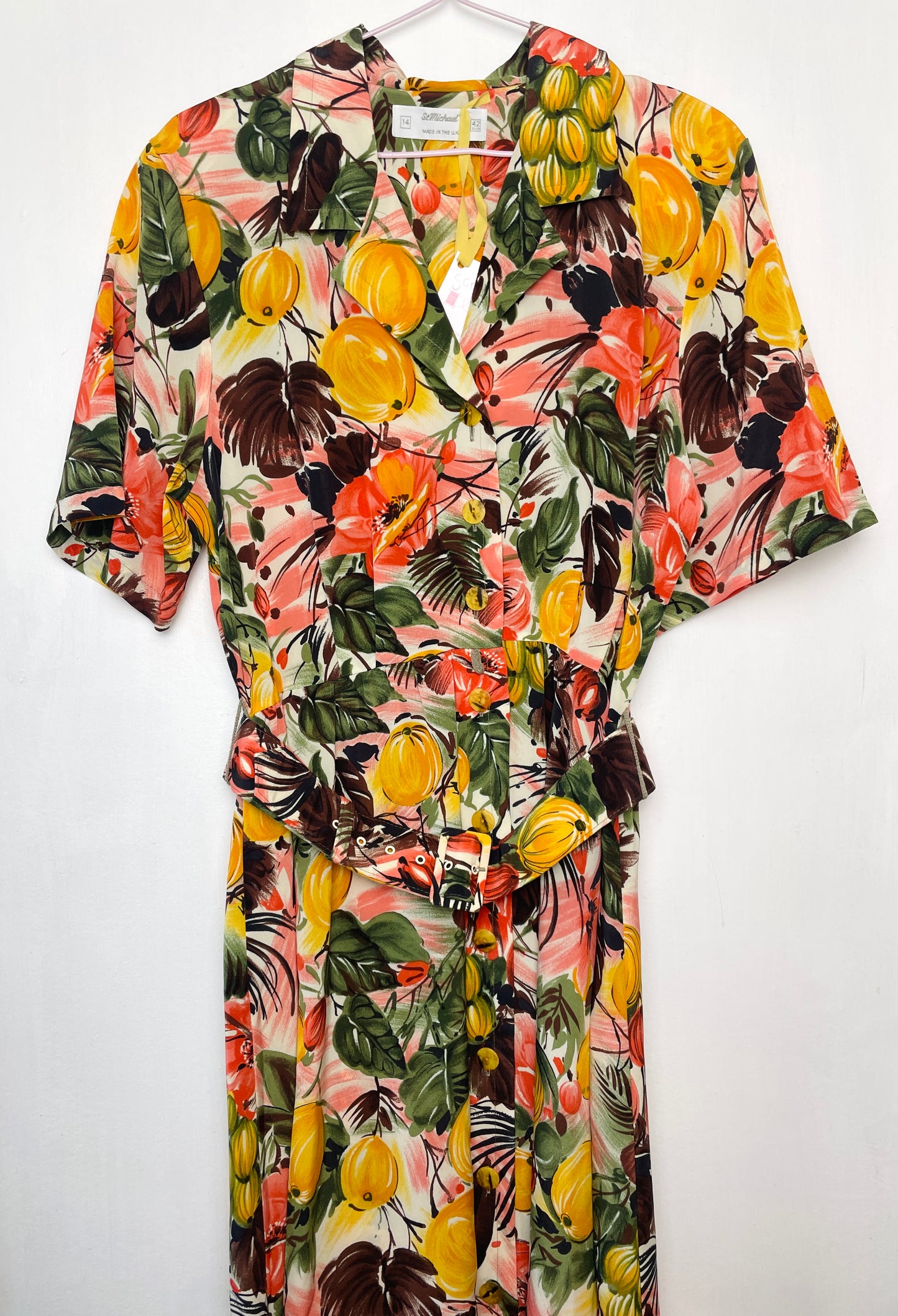 Vintage 80s Pink Tropical Print Belted Maxi Dress - Up To Size 12