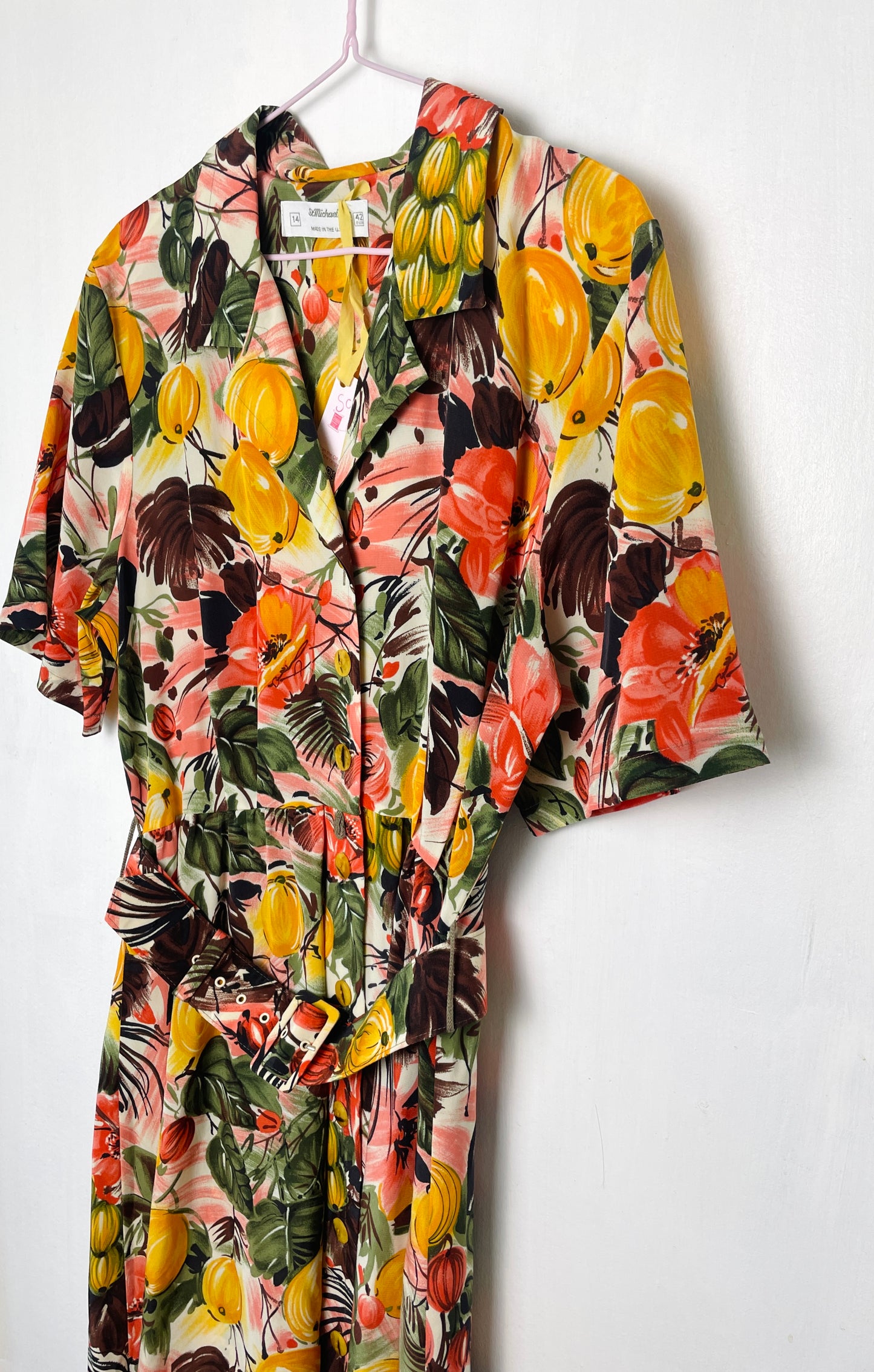 Vintage 80s Pink Tropical Print Belted Maxi Dress - Up To Size 12