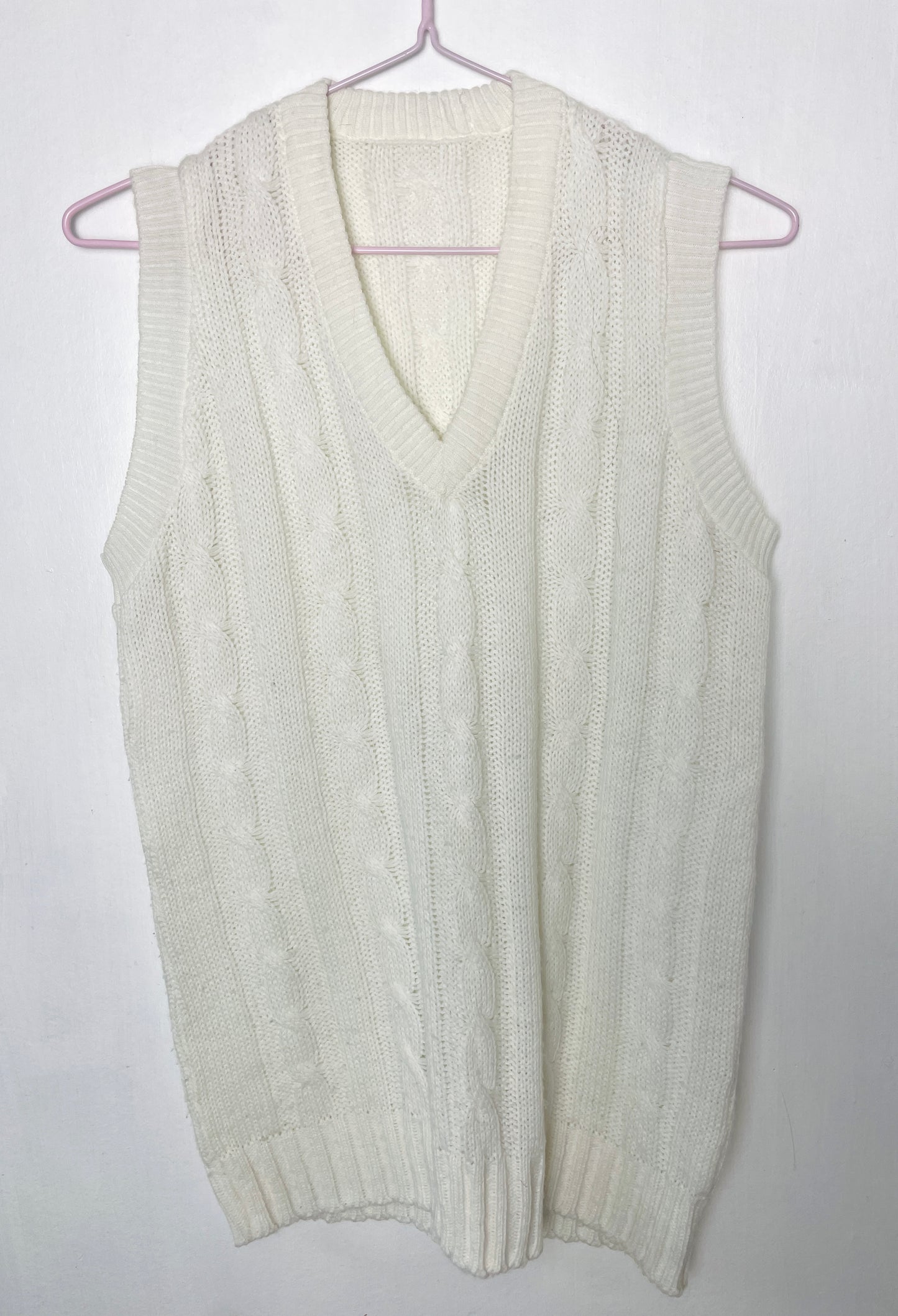Vintage 90s White Cable Knit Long Sweater Vest - Up To Size 12