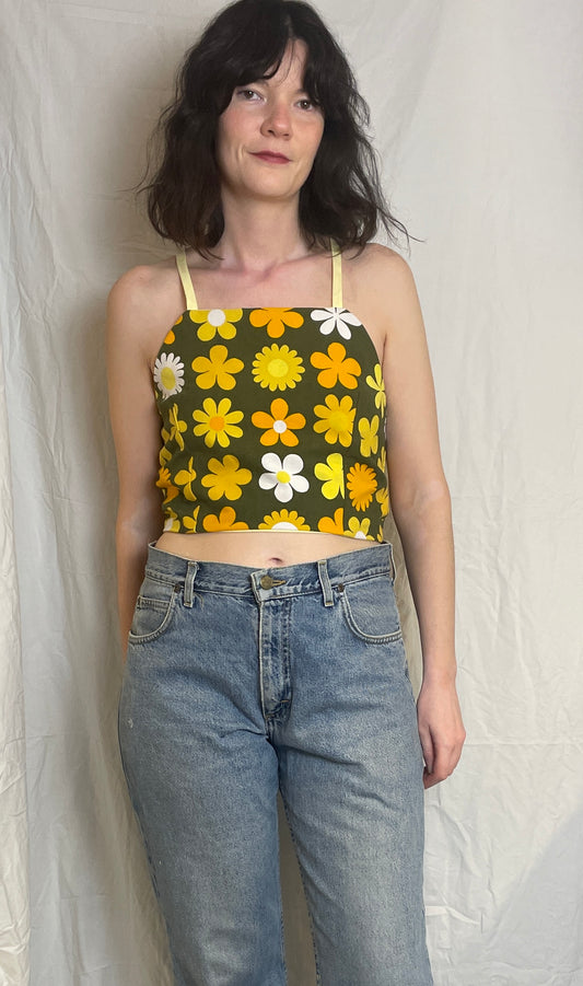 Zarah Handmade Yellow Floral Cross Strap Tie Back Crop Top - Up To Size 10