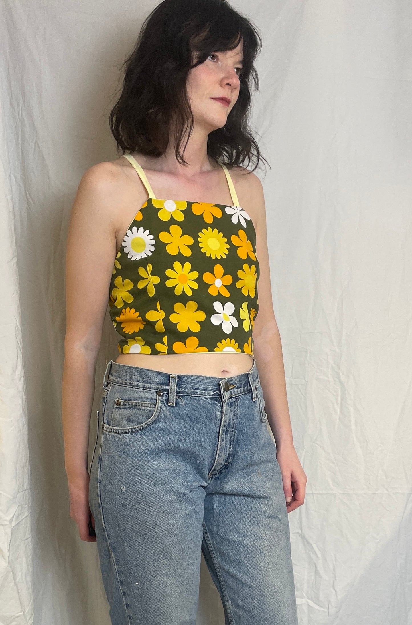 Zarah Handmade Yellow Floral Cross Strap Tie Back Crop Top - Up To Size 10