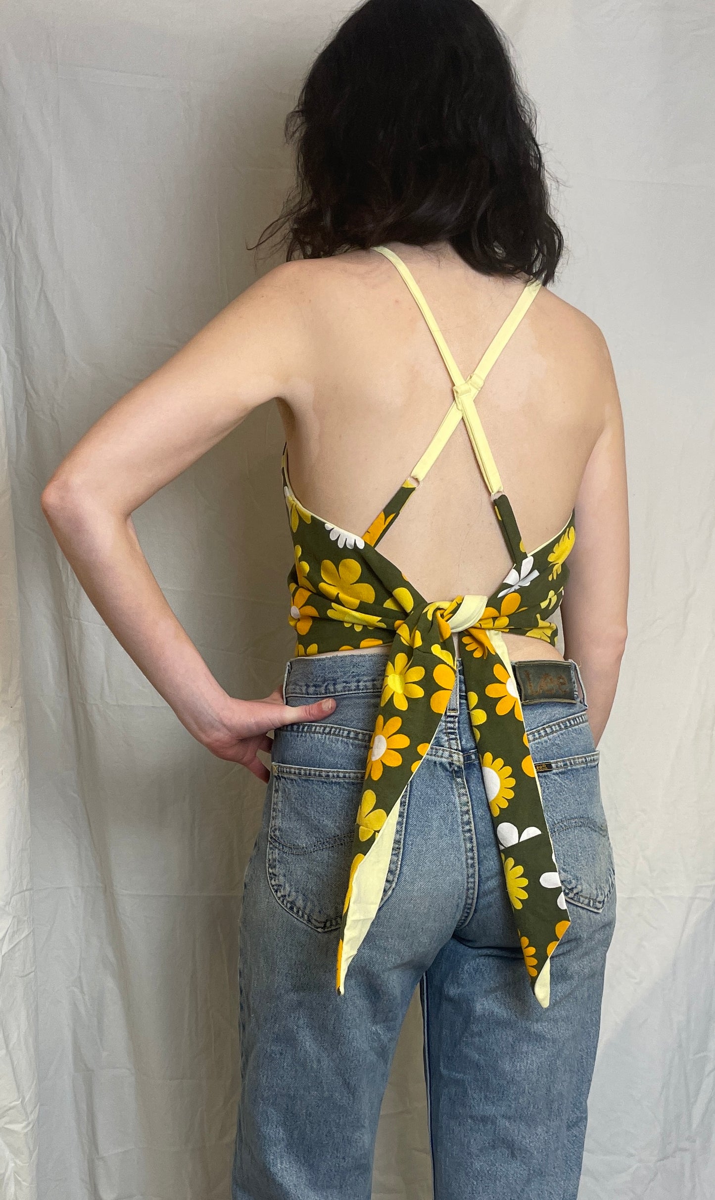 Zarah Handmade Yellow Floral Cross Strap Tie Back Crop Top - Up To Size 10