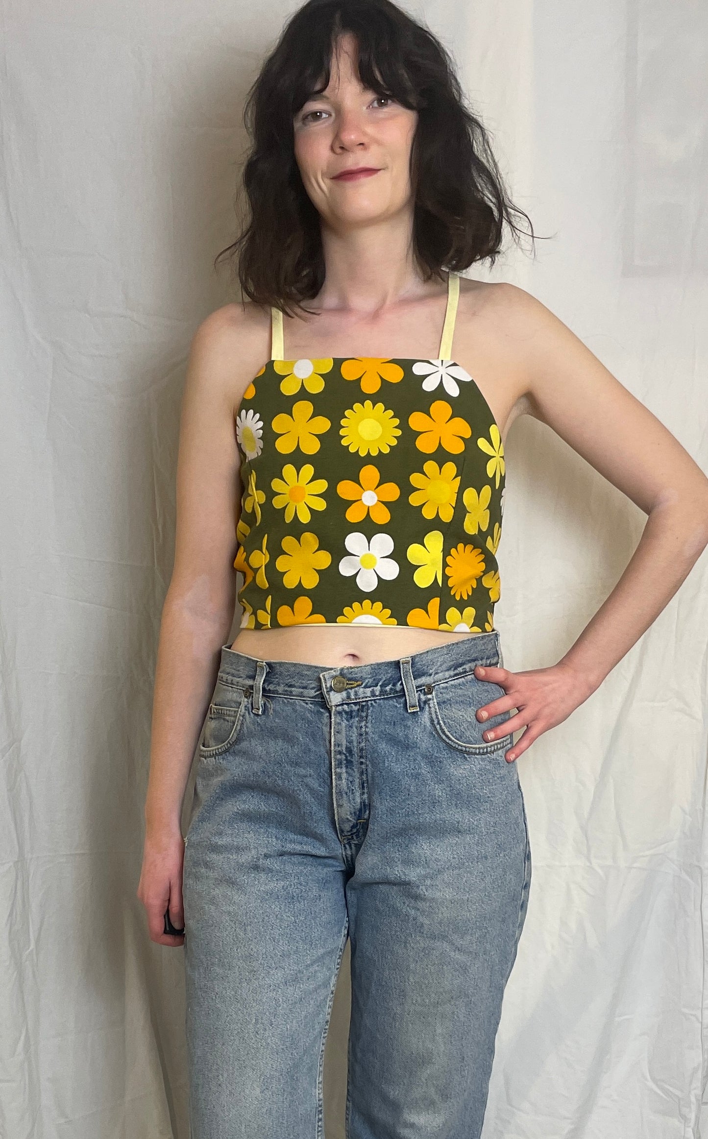 Zarah Handmade Yellow Floral Cross Strap Tie Back Crop Top - Up To Size 10