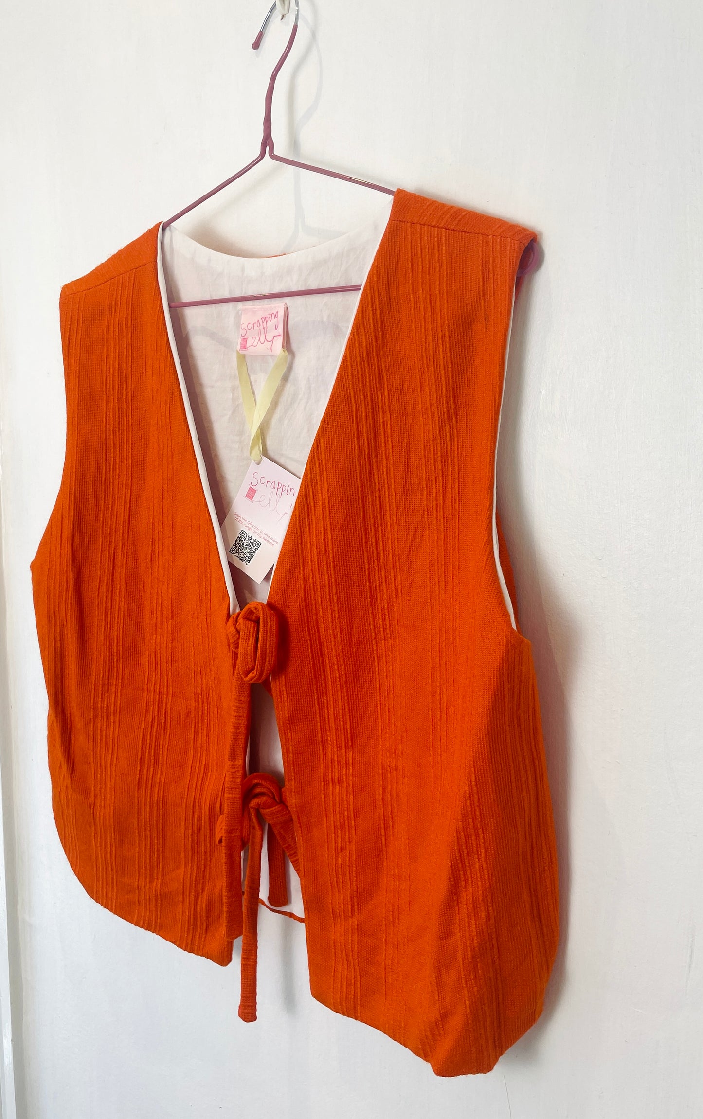 Zoe Handmade Orange Textured Barkcloth Tie Front Vest Top - Up To Size 14