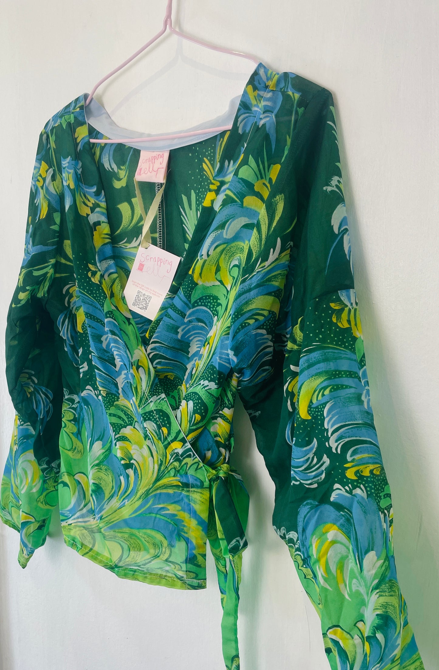 Eve Handmade Green Print Sheer Chiffon Wrap Top - Up To Size 12