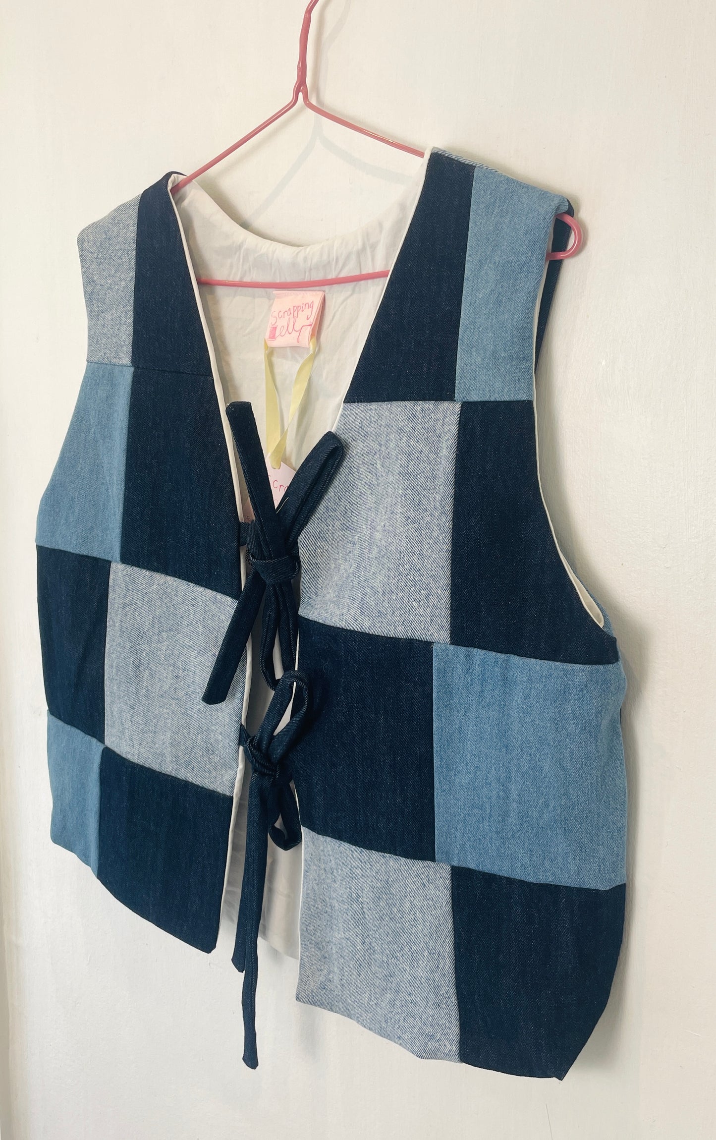 Zoe Handmade Blue Denim Patchwork Tie Front Vest Top - Up To Size 14
