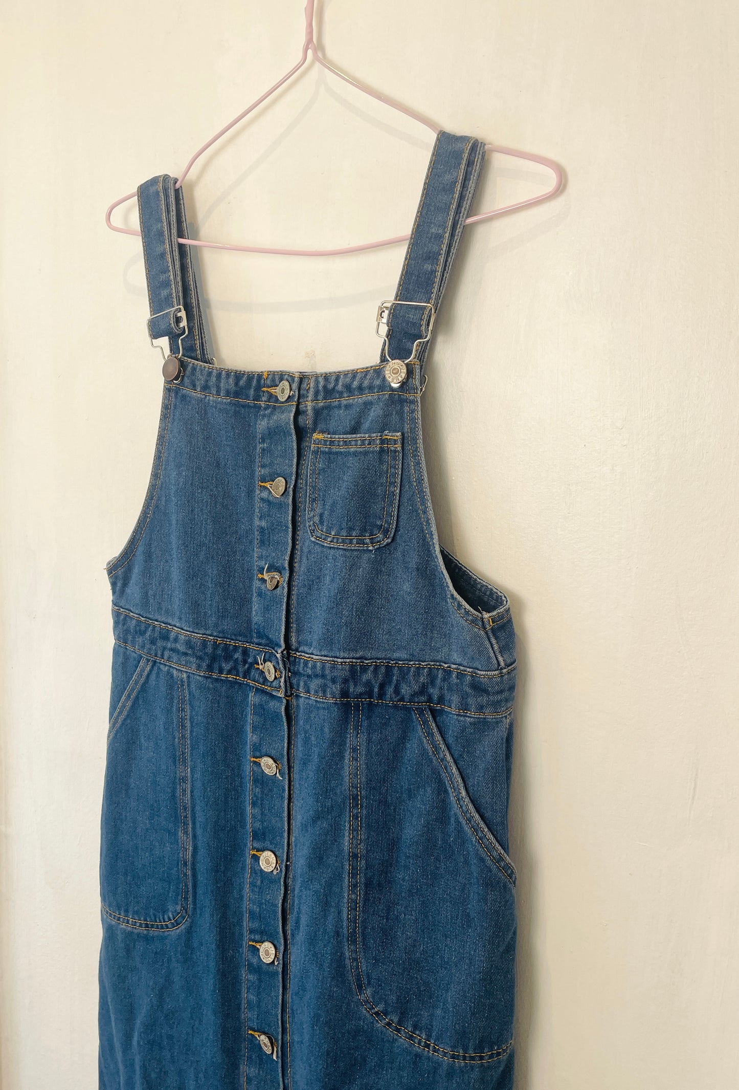 Vintage Y2k Blue Denim Dunagrees Midi Dress - Up To Size 10