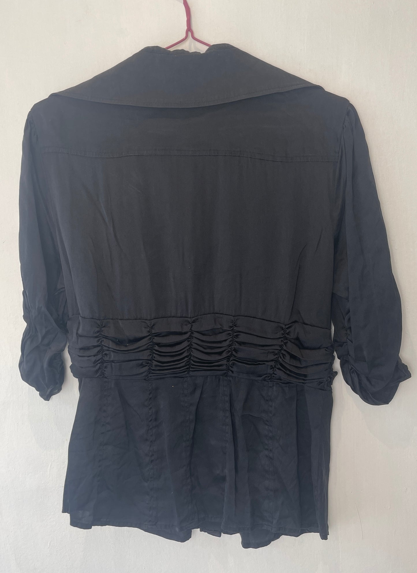 Vintage Y2K Black Ruched Waist Button Silk Shirt - Up To Size 12