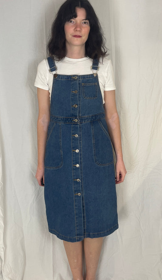 Vintage Y2k Blue Denim Dunagrees Midi Dress - Up To Size 10