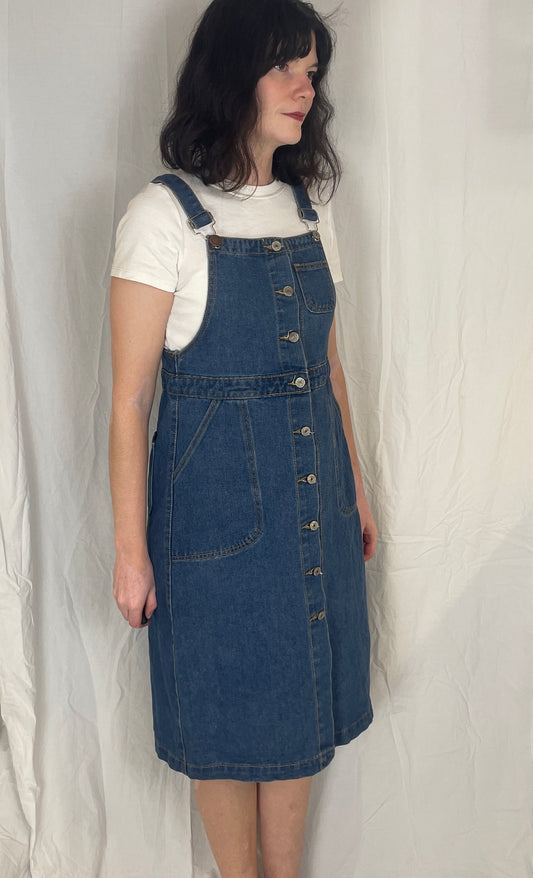 Vintage Y2k Blue Denim Dunagrees Midi Dress - Up To Size 10