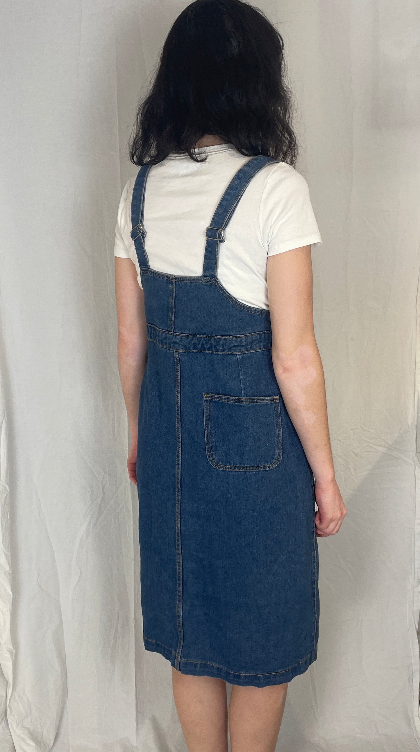 Vintage Y2k Blue Denim Dunagrees Midi Dress - Up To Size 10