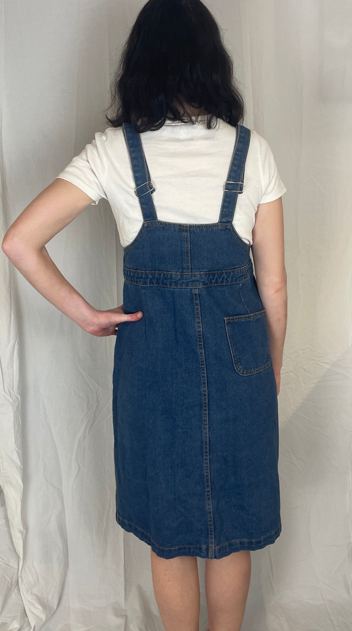 Vintage Y2k Blue Denim Dunagrees Midi Dress - Up To Size 10