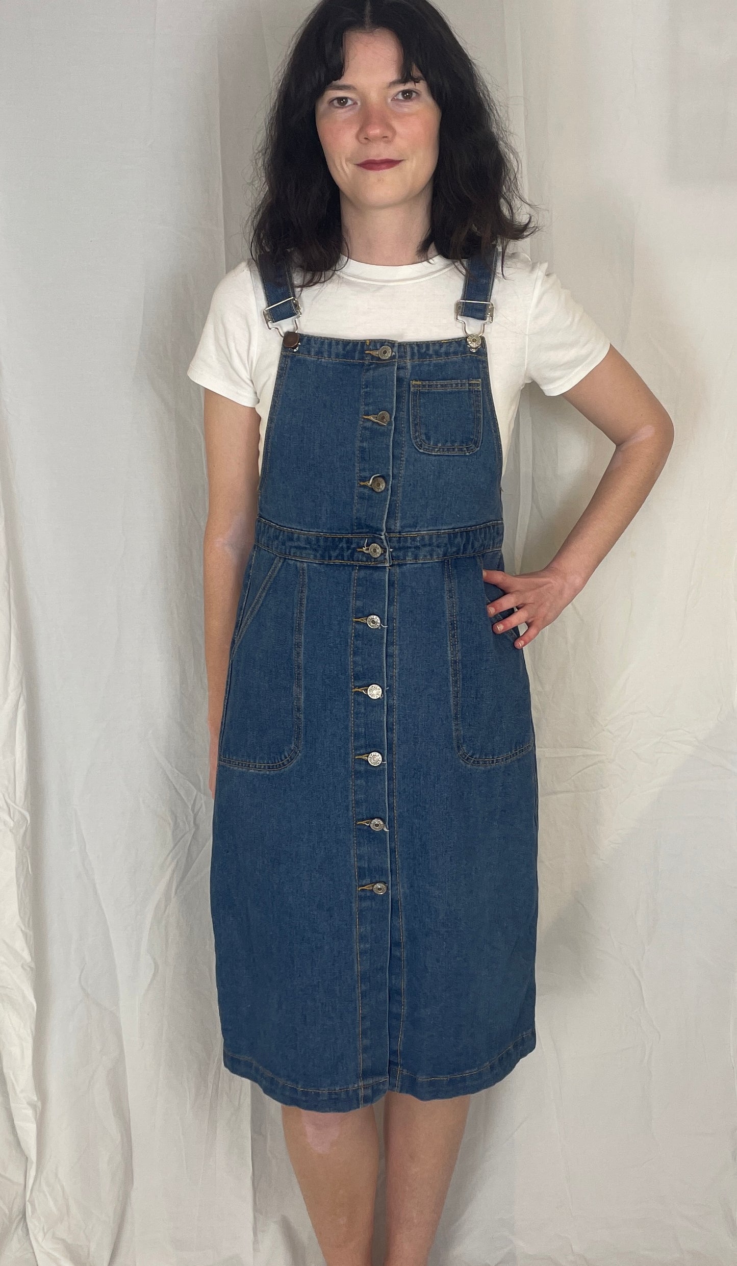 Vintage Y2k Blue Denim Dunagrees Midi Dress - Up To Size 10