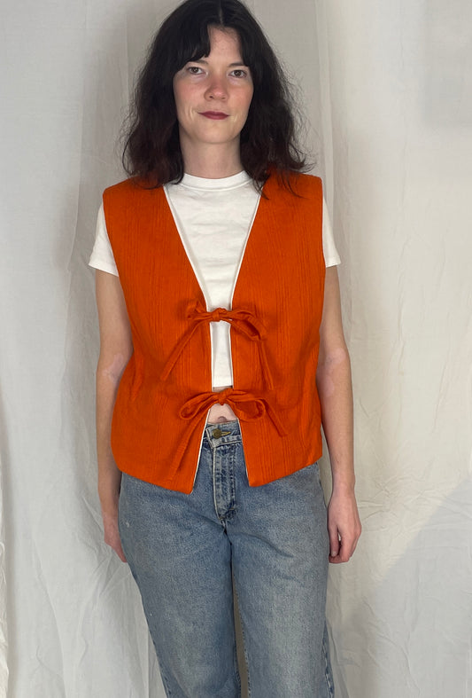Zoe Handmade Orange Textured Barkcloth Tie Front Vest Top - Up To Size 14