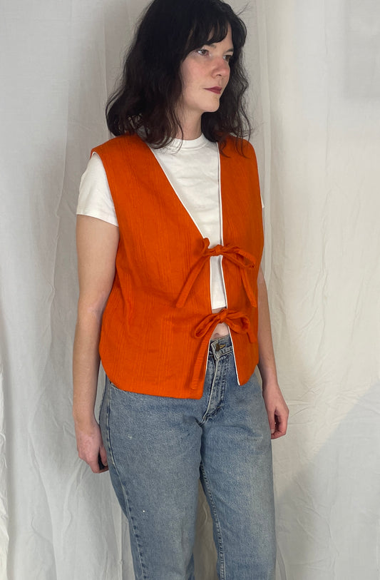 Zoe Handmade Orange Textured Barkcloth Tie Front Vest Top - Up To Size 14