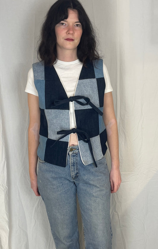 Zoe Handmade Blue Denim Patchwork Tie Front Vest Top - Up To Size 14