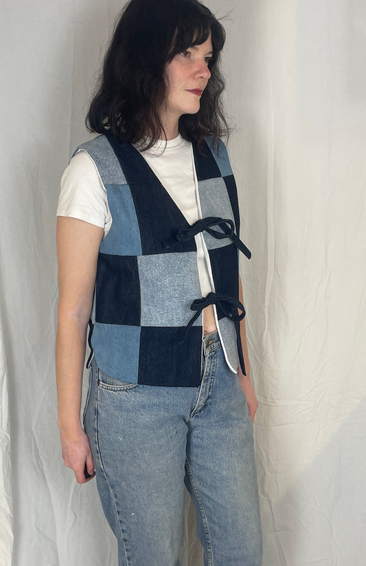 Zoe Handmade Blue Denim Patchwork Tie Front Vest Top - Up To Size 14