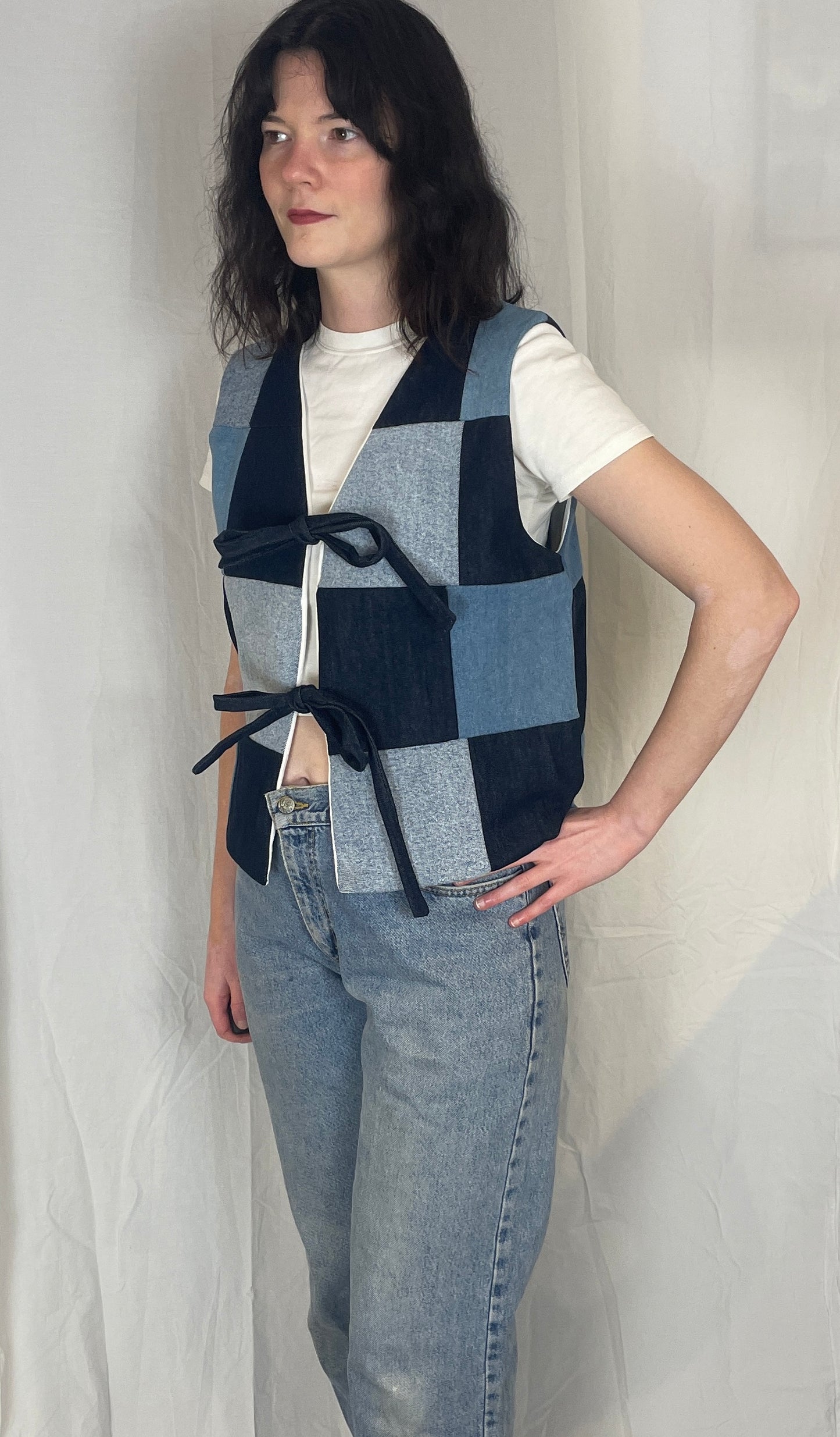 Zoe Handmade Blue Denim Patchwork Tie Front Vest Top - Up To Size 14