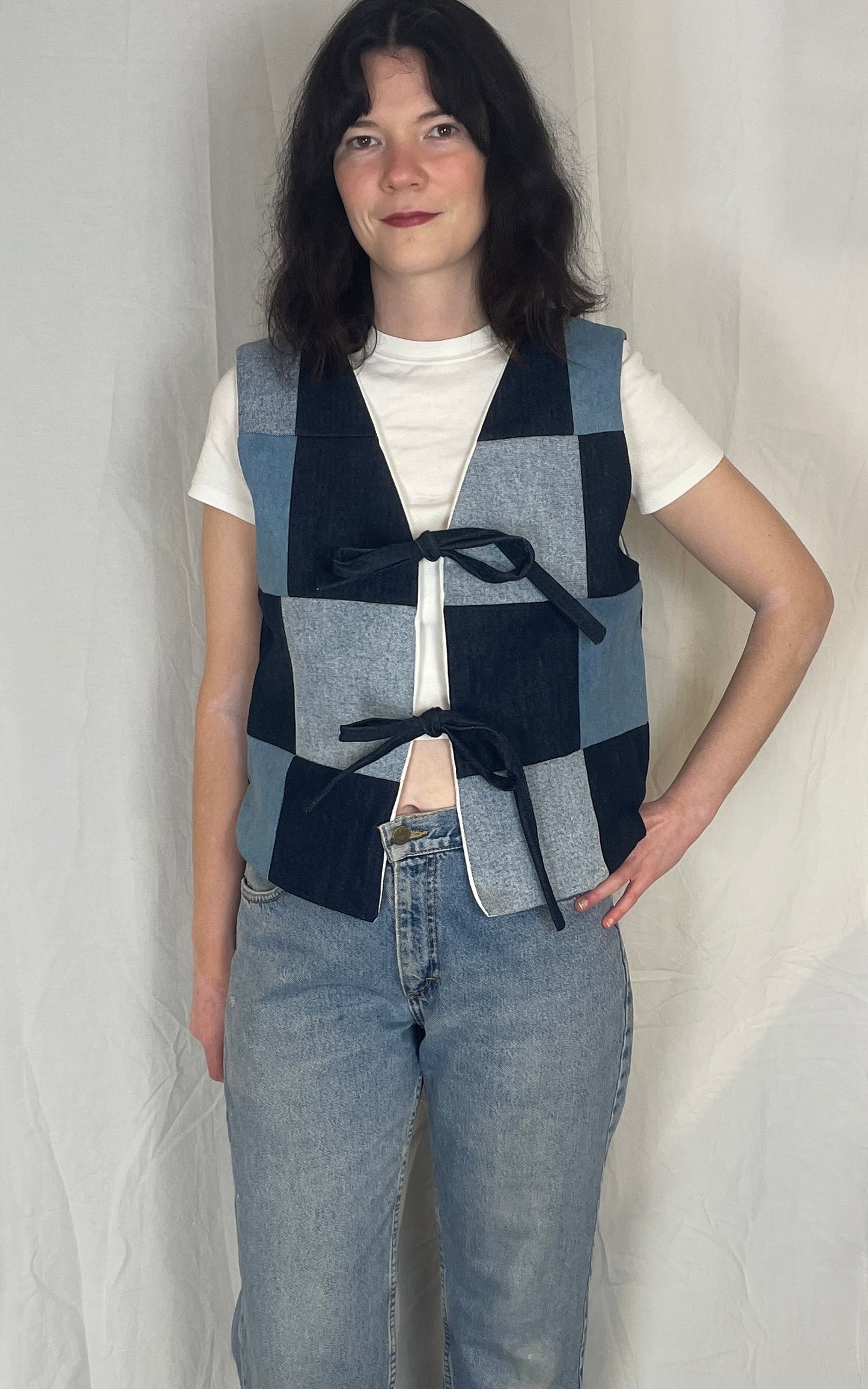 Zoe Handmade Blue Denim Patchwork Tie Front Vest Top - Up To Size 14
