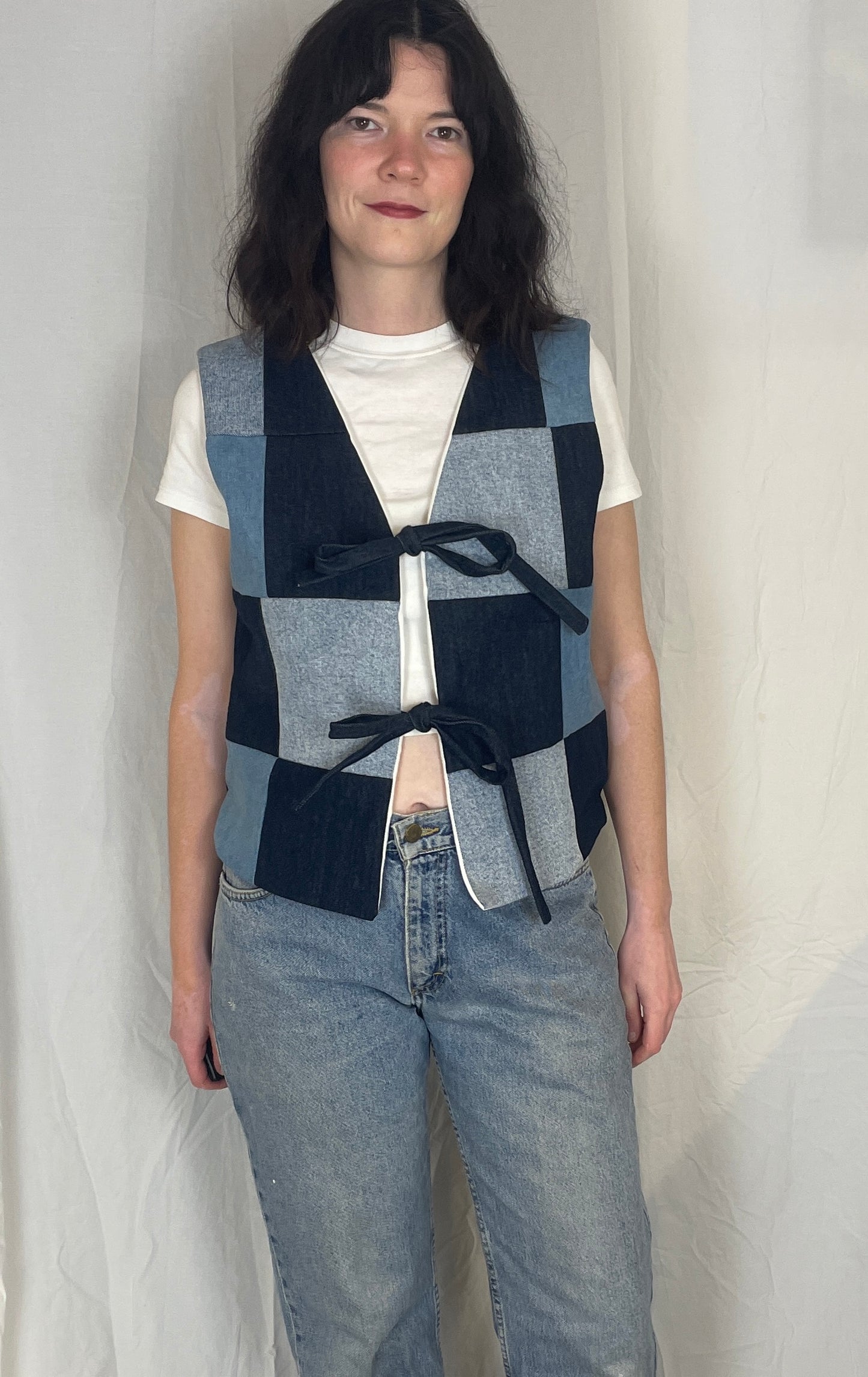 Zoe Handmade Blue Denim Patchwork Tie Front Vest Top - Up To Size 14
