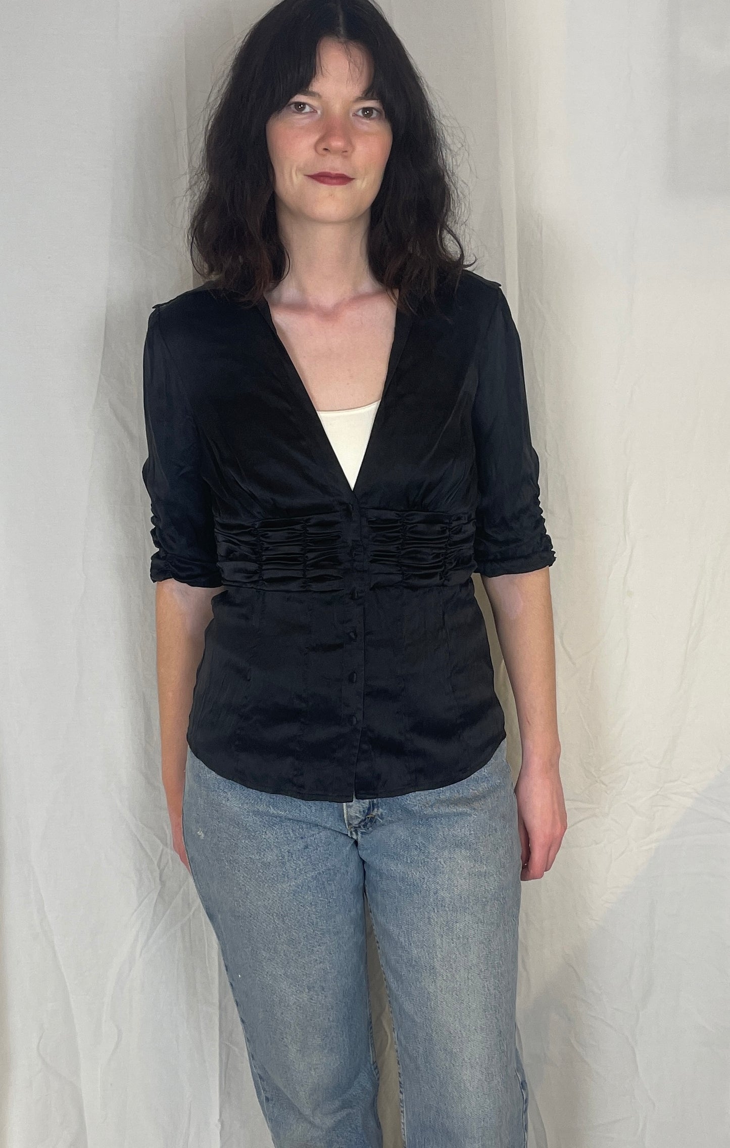 Vintage Y2K Black Ruched Waist Button Silk Shirt - Up To Size 12