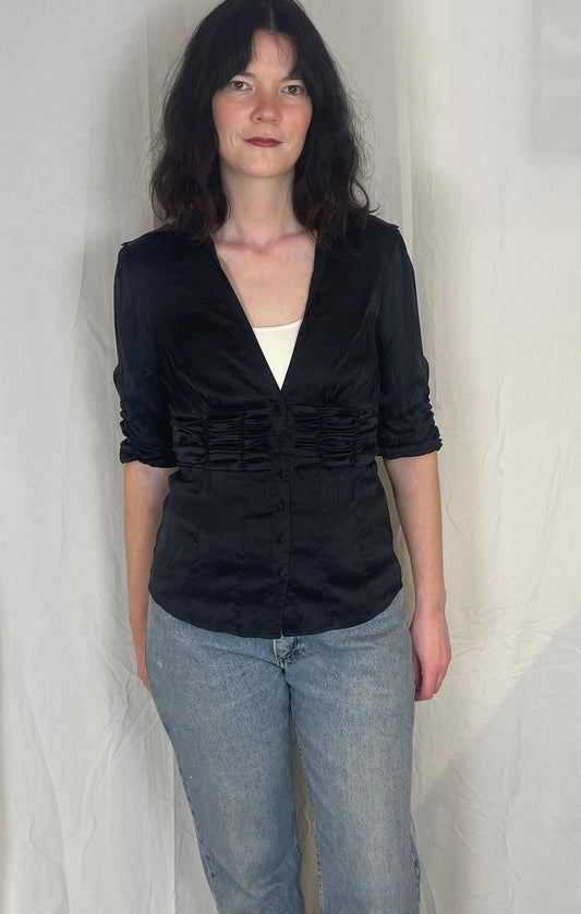 Vintage Y2K Black Ruched Waist Button Silk Shirt - Up To Size 12