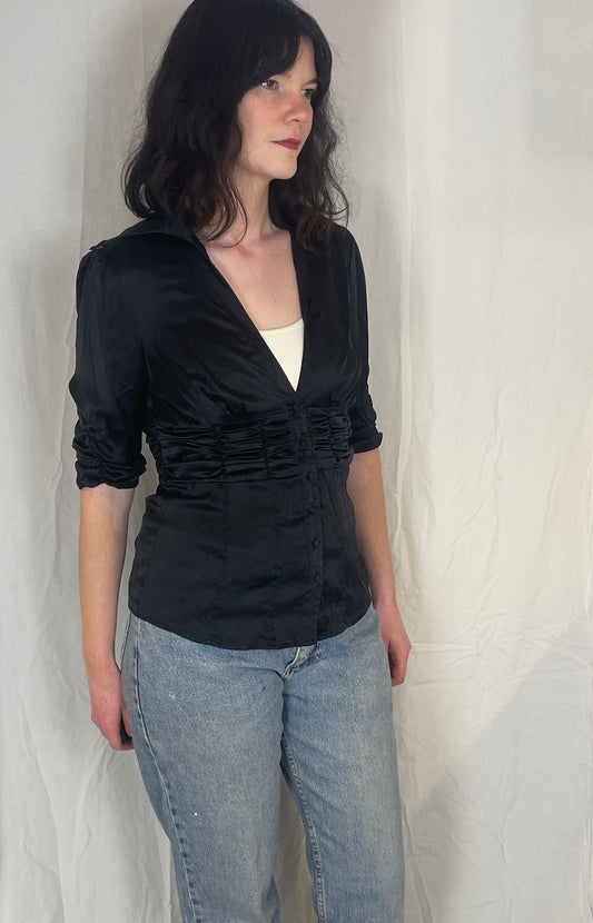 Vintage Y2K Black Ruched Waist Button Silk Shirt - Up To Size 12