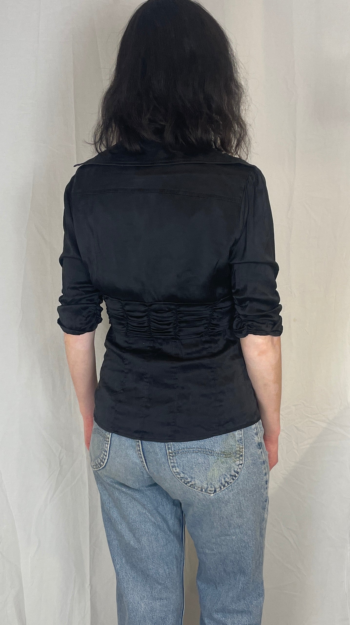 Vintage Y2K Black Ruched Waist Button Silk Shirt - Up To Size 12