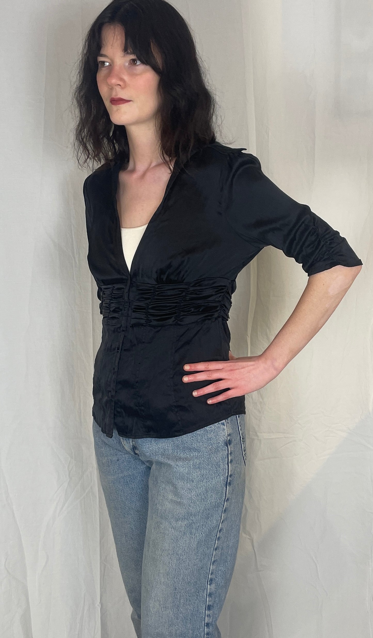 Vintage Y2K Black Ruched Waist Button Silk Shirt - Up To Size 12