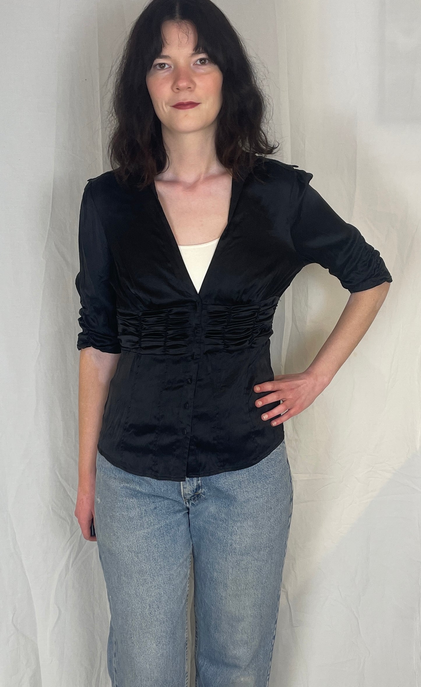 Vintage Y2K Black Ruched Waist Button Silk Shirt - Up To Size 12