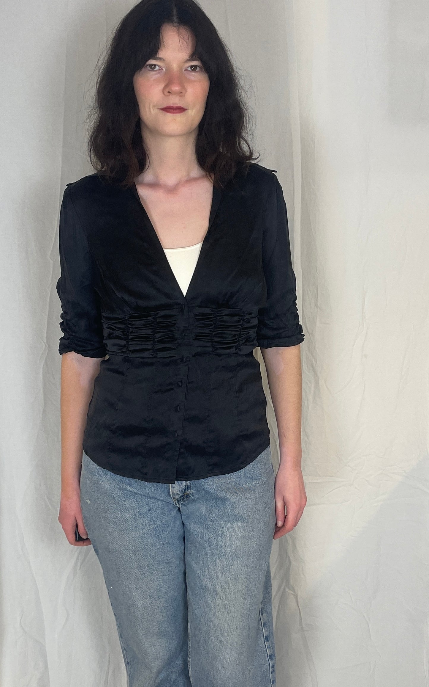 Vintage Y2K Black Ruched Waist Button Silk Shirt - Up To Size 12