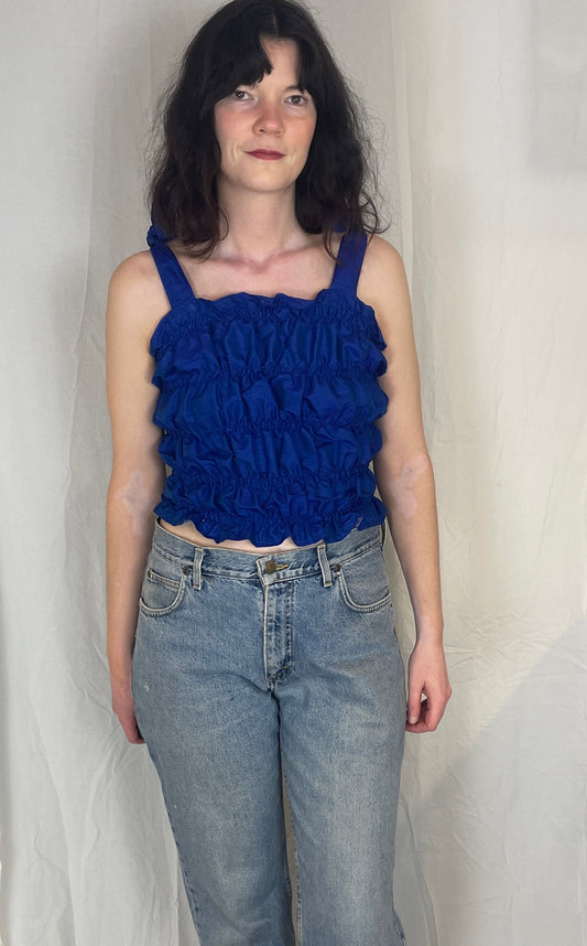 Polly Handmade Blue Silk Shirred Elastic Crop Top - Up To Size 12
