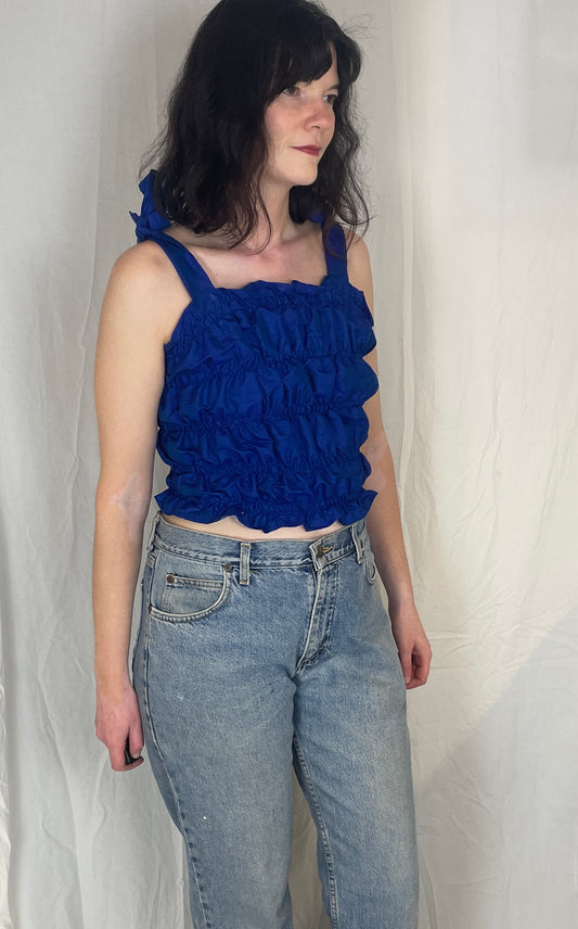 Polly Handmade Blue Silk Shirred Elastic Crop Top - Up To Size 12