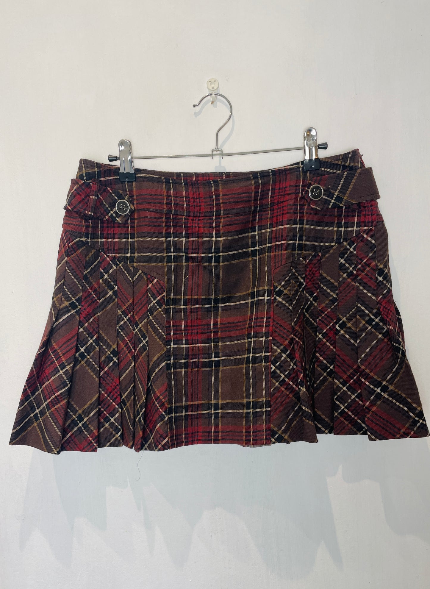 Vintage 90s Burgandy Tartan Pleated Wool Mini Skirt - Size 12