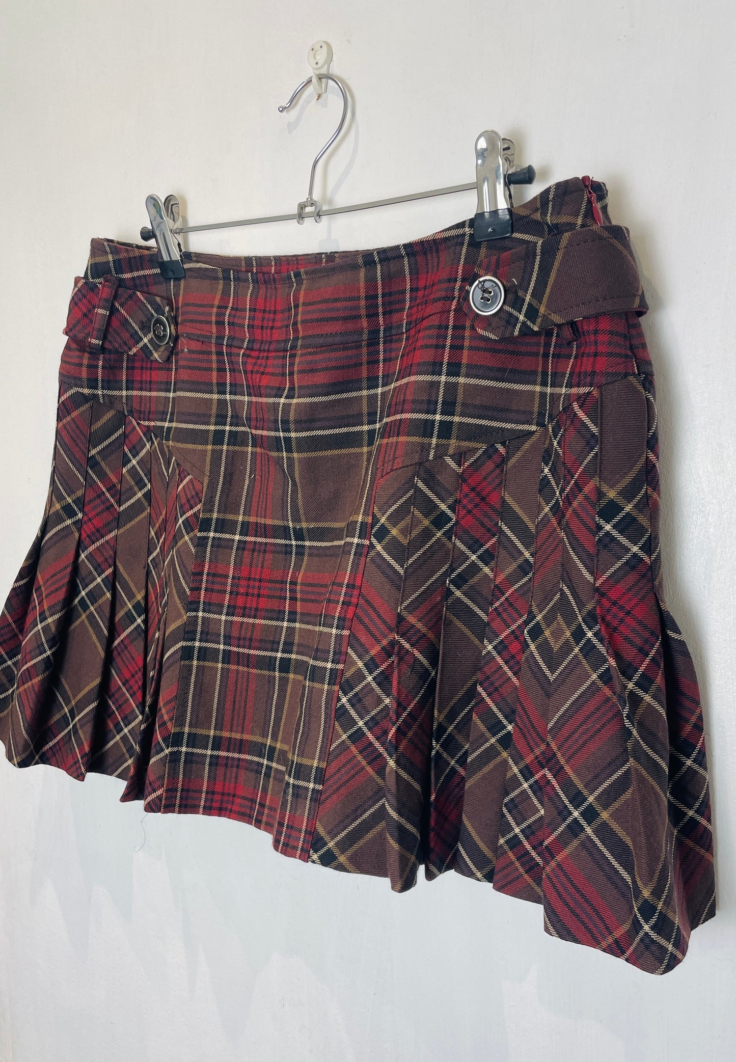 Vintage 90s Burgandy Tartan Pleated Wool Mini Skirt - Size 12