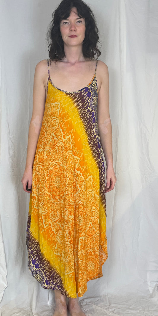 Vintage 90s Orange Printed Asymetric Hem Maxi Slip Dress - Up To Size 12